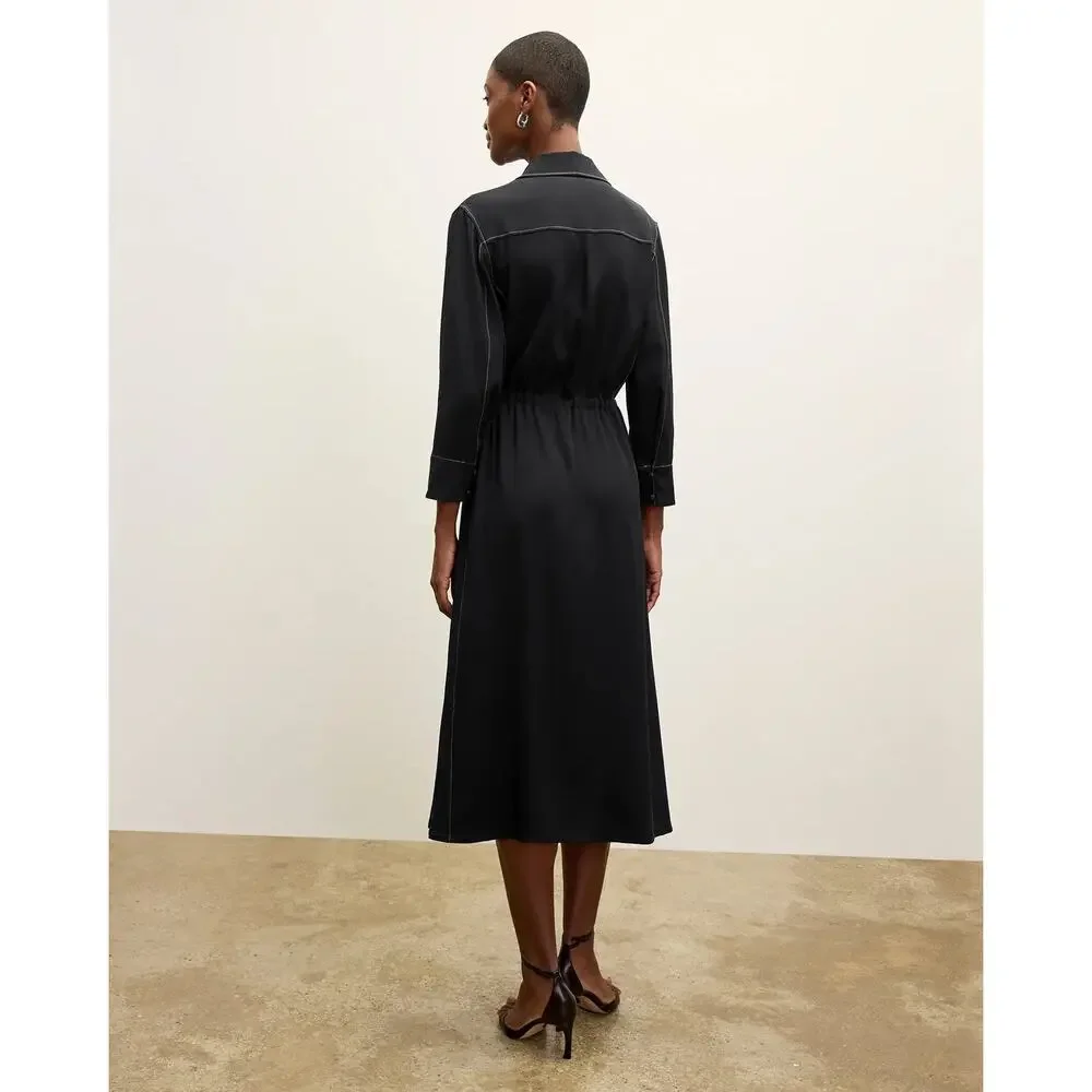 MM Lafleur The Pepper Midi Dress Black Top Stitch Medium Washable Silk Chic NWT - Picture 7 of 15